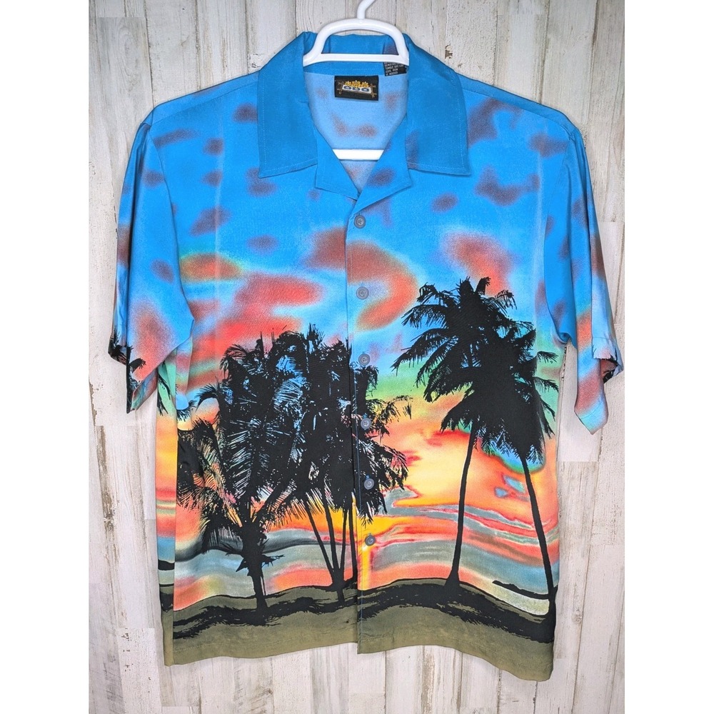 Vintage ODO Men's Hawaiian Button Up Shirt Size Medium AOP Screen‎ Print Sunset